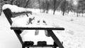 dark park bench covered with white snow in winter in focus with blurred background Royalty Free Stock Photo