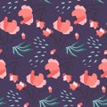 Dark pattern with pink poppy flowers and leaves