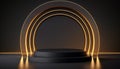 Dark pedestal podium stand with light glowing rings for your product display.