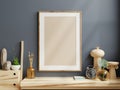 Dark photo frame on shelf in living room interior on empty blue dark wall Royalty Free Stock Photo