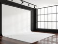 Dark photo studio with cyclorama interior, black wall, panoramic window. Mockup