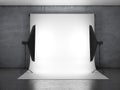 Dark photo studio with lighting equipment