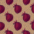 Dark pink pomegranate contoured seamless doodle pattern. Beige dotted background. Simple style