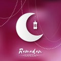 Dark pink Ramadan Kareem celebration greeting card. Hanging arabic lamp, star and crescent moon. Royalty Free Stock Photo