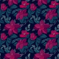 Dark pink, turquoise and blue seamless vintage floral pattern