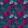 Dark pink and turquoise seamless vintage floral pattern