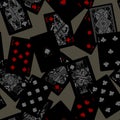 Dark playing cards seamless pattern background drawn in grey and red colors on black Royalty Free Stock Photo
