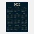 Dark pocket vector calendar 2022 year. Minimal business simple clean design. Rich black classic grid, week starts from monday