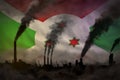 Dark pollution, fight against climate change concept - industrial 3D illustration of factory chimneys dense smoke on Burundi flag