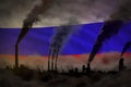 Dark pollution, fight against climate change concept - industrial 3D illustration of plant pipes heavy smoke on Russia flag