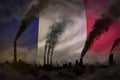 Dark pollution, fight against climate change concept - industrial chimneys dense smoke on France flag background - industrial 3D