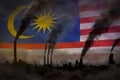 Dark pollution, fight against climate change concept - industrial chimneys dense smoke on Malaysia flag background - industrial 3D