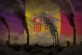 Dark pollution, fight against climate change concept - industrial 3D illustration of factory chimneys heavy smoke on Andorra flag