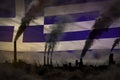 Dark pollution, fight against climate change concept - industry pipes heavy smoke on Greece flag background - industrial 3D