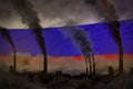 Dark pollution, fight against climate change concept - industrial 3D illustration of industry pipes dense smoke on Russia flag