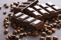 Dark porouse chocolate and coffee beans flat lay. Brown background Royalty Free Stock Photo