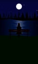 Vector of girl sitting on bench in dark with nature view Royalty Free Stock Photo