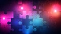 A dark presentation background featuring a 3D render of a glowing neon purple and blue digital technology puzzle Royalty Free Stock Photo