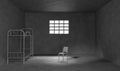 Dark prison cell with bunk bed, chair and metal bars on window 3d render. Realistic interior of jail room with concrete Royalty Free Stock Photo