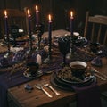 Dark Purple and Gold Gothic Table Setting with Amethyst Crystals Royalty Free Stock Photo