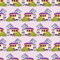 Dark purple and golden houses and bushes, in a seamless pattern