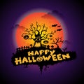 Dark Purple Happy Halloween Background Illustration with scary tree Royalty Free Stock Photo