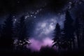 dark purple mist hanging over magical forest, with twinkling stars in the night sky Royalty Free Stock Photo