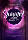 Dark purple neon tropical summer party flyer with sabal palms. Electric glow background with copy space. Modern blurs