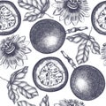 Dark purple passion fruit background. Tropical hand drawn illustration. Engraved botanical sketch. Passiflora seamless pattern.