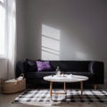 Dark purple sofa with a blanket beside a small table with bottles standing on black and white checkerboard floor in a minimalistic Royalty Free Stock Photo