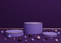 Dark purple, violet 3D rendering of three podium stands product display with golden lines and colorful marbles for product