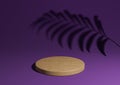 Dark purple, violet simple 3D render minimal natural product display composition with one wood podium or stand with palm leaf