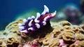 Dark purple and white nudibranch crawling on natural reef on bottom of blue sea. Generative AI