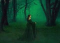 Dark queen of otherworldly forces leads into realm of dead souls. bloody vampire in long velor emerald dress lures into