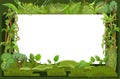 Dark rainforest frame. Green tropical trees, herbs and shrubs. Flat cartoon style. Lianas and palms. Green exotic