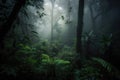 dark rainforest with misty morning fog