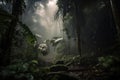 dark rainforest during storm, with flashes of lightning and heavy rain Royalty Free Stock Photo