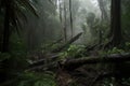 dark rainforest after storm, with trees bent and broken by winds