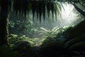 Dark rainforest sun rays through trees with dense fog digital illustration AI generated