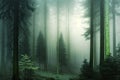 Dark rainforest sun rays through trees with dense fog digital illustration AI generated