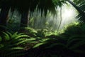 Dark rainforest sun rays through trees with dense fog digital illustration AI generated