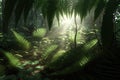 Dark rainforest sun rays through trees with dense fog digital illustration AI generated