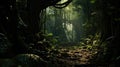 Dark rainforest, sun rays through the trees, rich jungle greenery Royalty Free Stock Photo