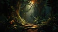 Dark rainforest, sun rays through the trees, rich jungle greenery Royalty Free Stock Photo