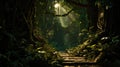 Dark rainforest, sun rays through the trees, rich jungle greenery Royalty Free Stock Photo