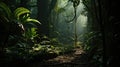 Dark rainforest, sun rays through the trees, rich jungle greenery Royalty Free Stock Photo