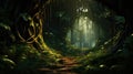 Dark rainforest, sun rays through the trees, rich jungle greenery Royalty Free Stock Photo
