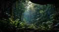 Dark rainforest, sun rays through the trees, rich jungle greenery Royalty Free Stock Photo