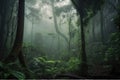 dark rainforest with towering trees and misty atmosphere