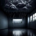 Dark, rainy storm cloud in an empty dark room - ai generated image Royalty Free Stock Photo